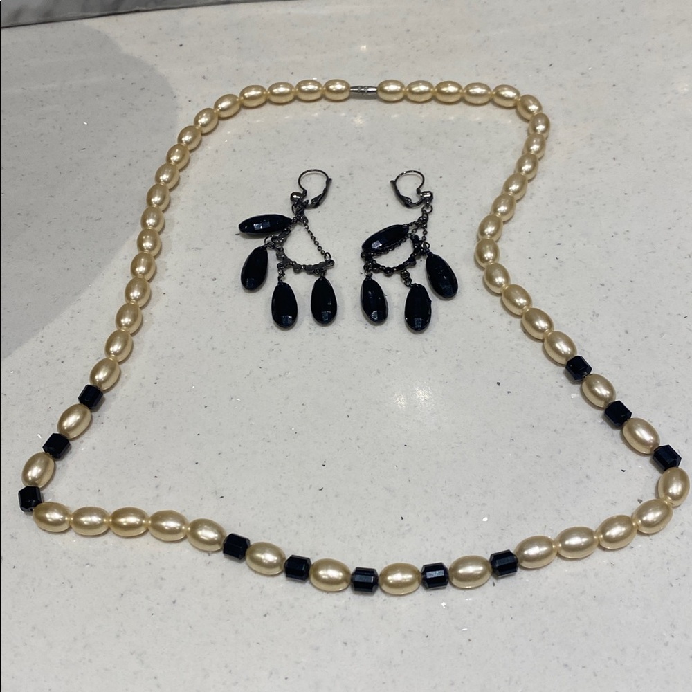 Elegant faux Pearl necklace and Black Bead Earrings Set